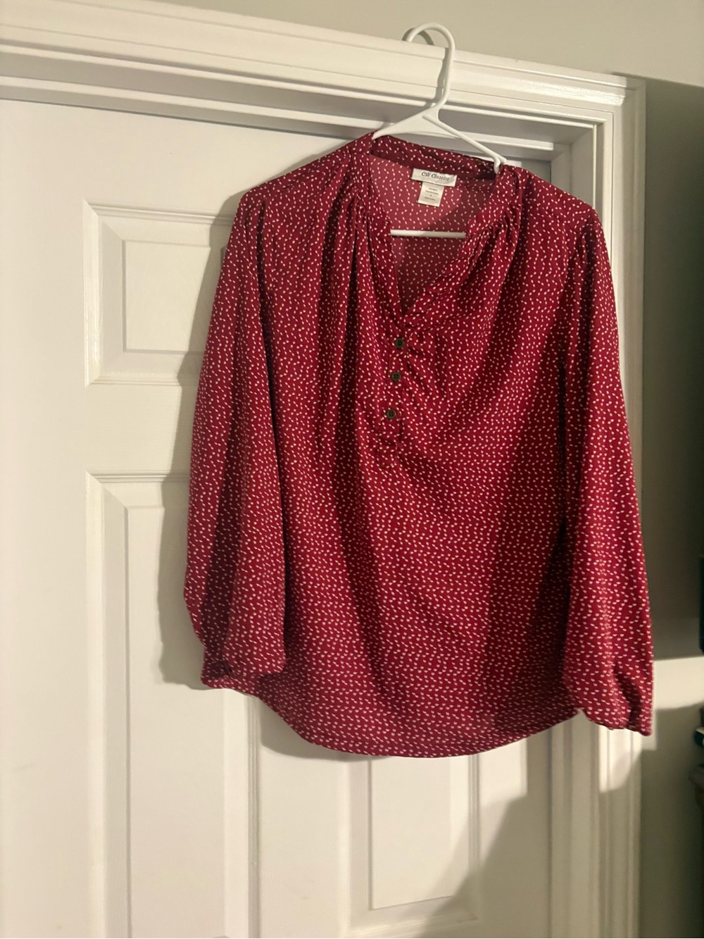 Classic Women's Red Printed Blouse with Button Henley Detail